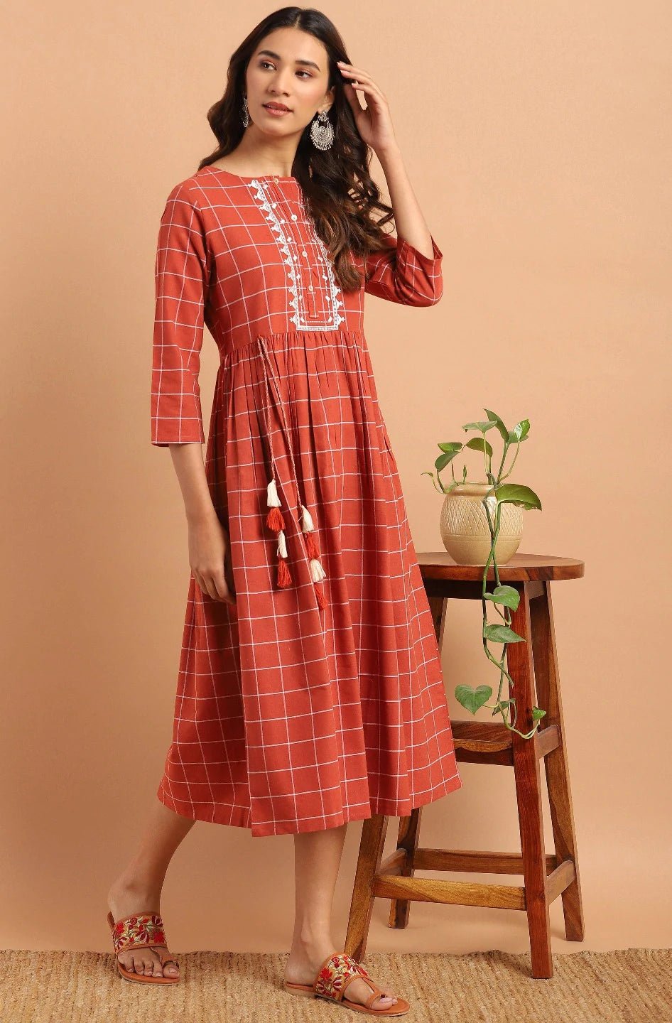 Rust Cotton Fit & Flared Western Dress - DWEEP SARA