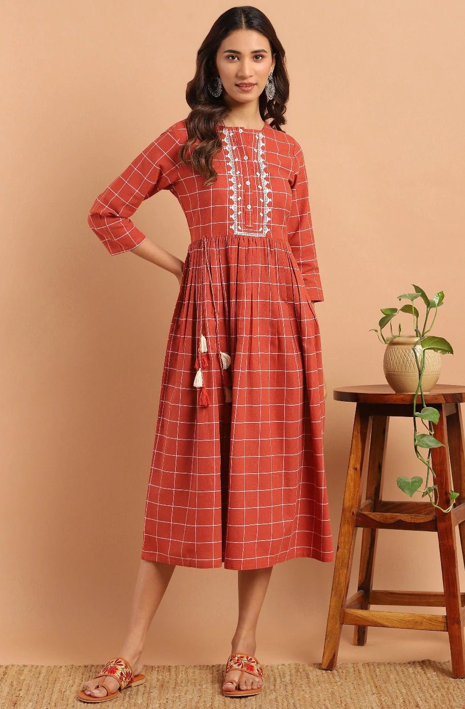 Rust Cotton Fit & Flared Western Dress - DWEEP SARA