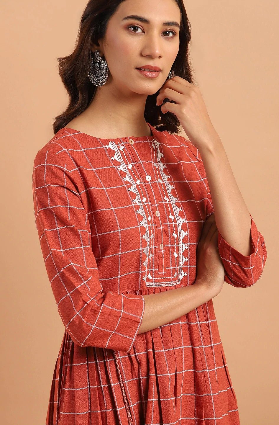 Rust Cotton Fit & Flared Western Dress - DWEEP SARA