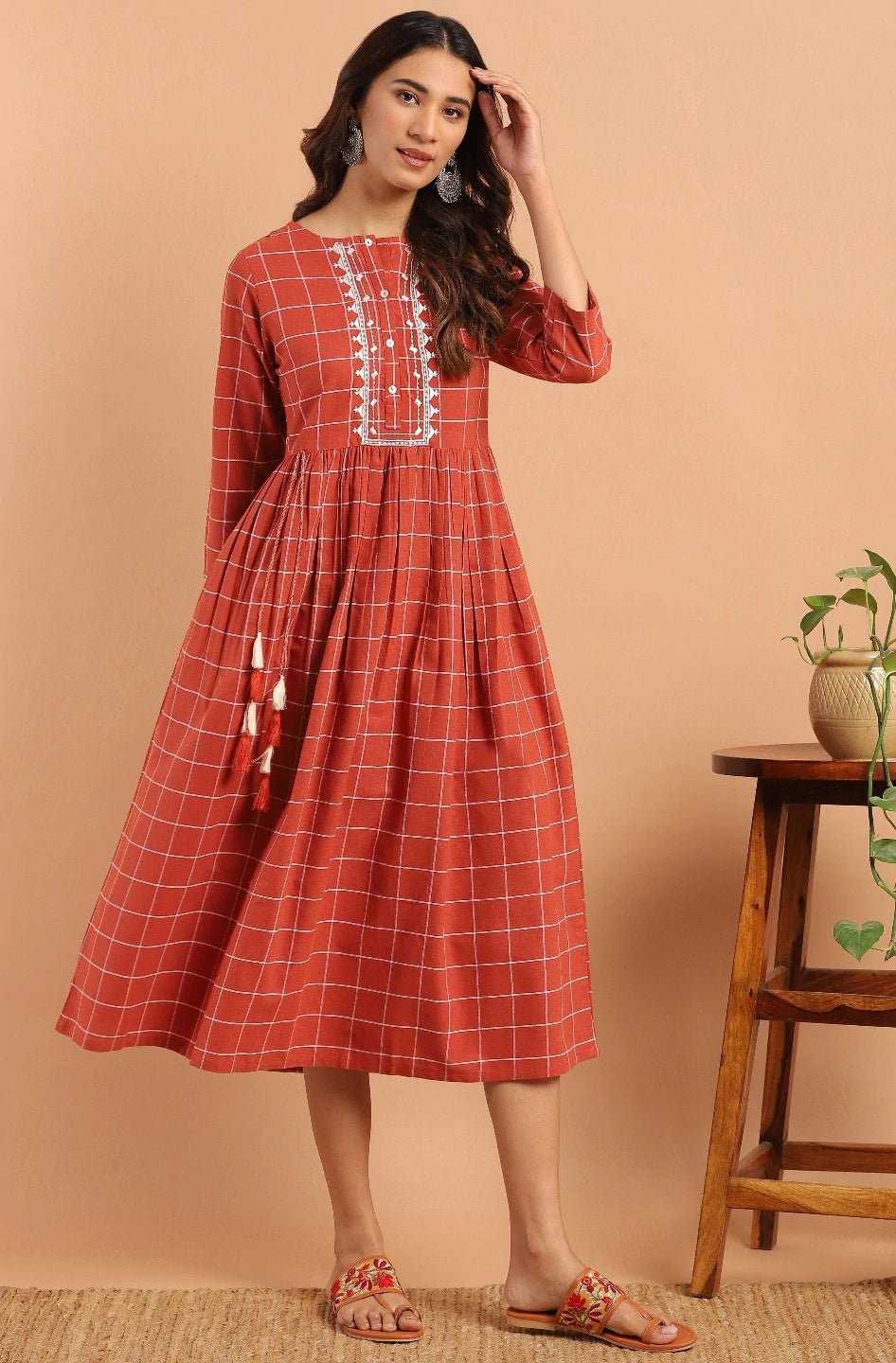 Rust Cotton Fit & Flared Western Dress - DWEEP SARA