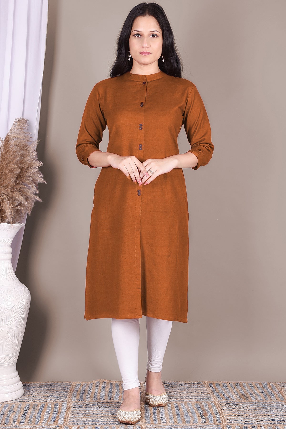 Rust Solid Cotton Kurta With Pockets - DWEEP SARA