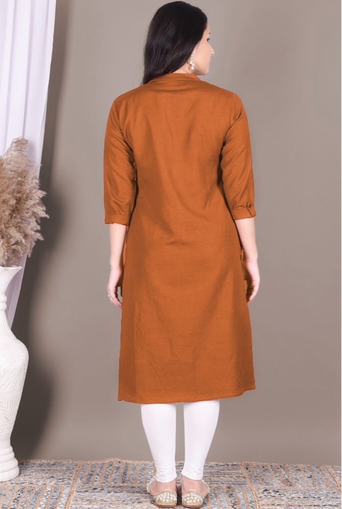 Rust Solid Cotton Kurta With Pockets - DWEEP SARA