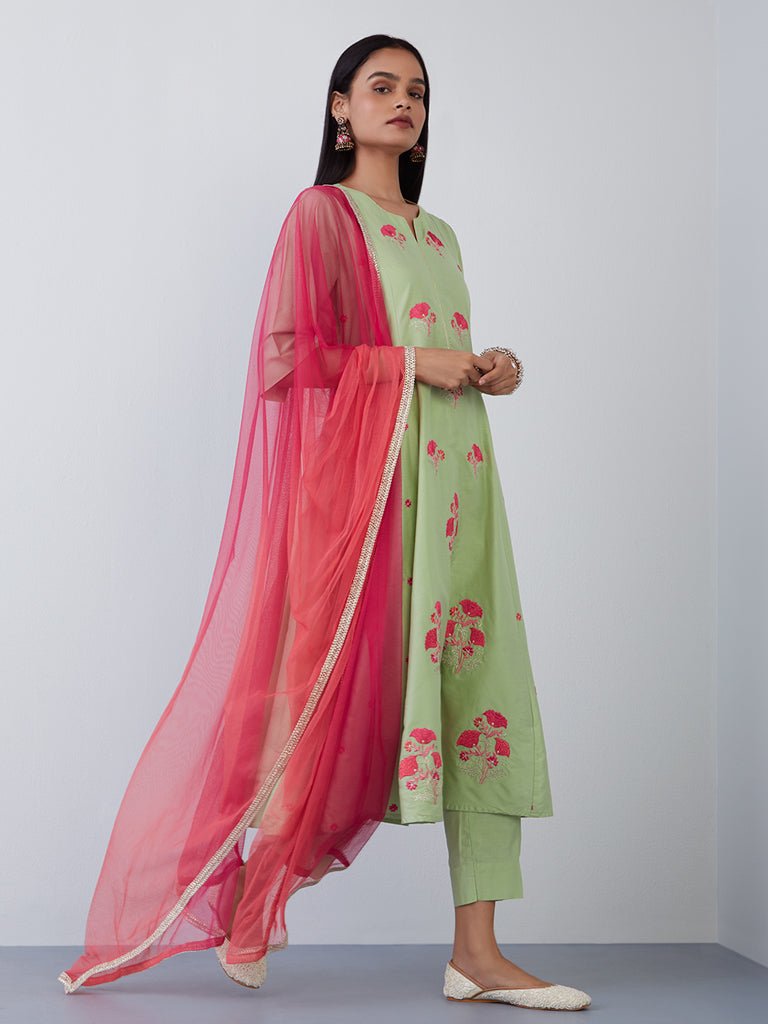 Sage Floral Embroidered Suit Set - DWEEP SARA