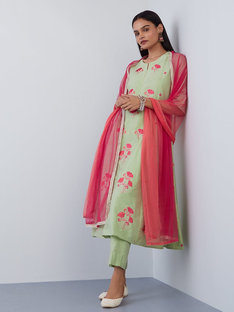 Sage Floral Embroidered Suit Set - DWEEP SARA