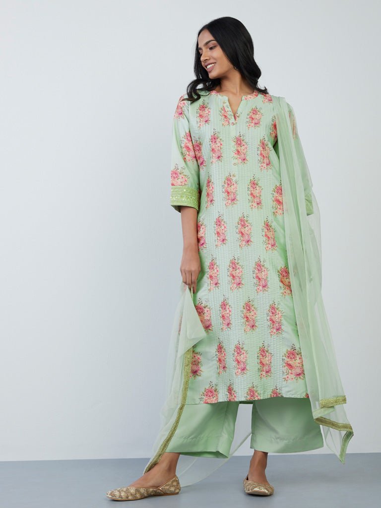 Sage Floral Print Viscose Suit Set - DWEEP SARA