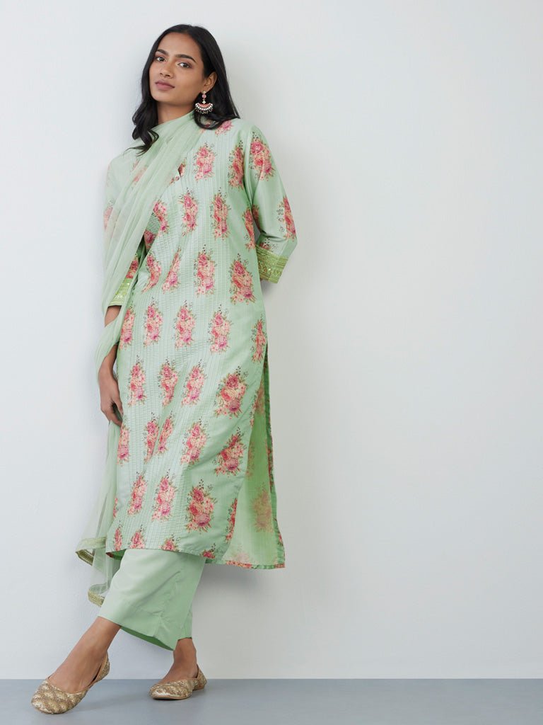 Sage Floral Print Viscose Suit Set - DWEEP SARA