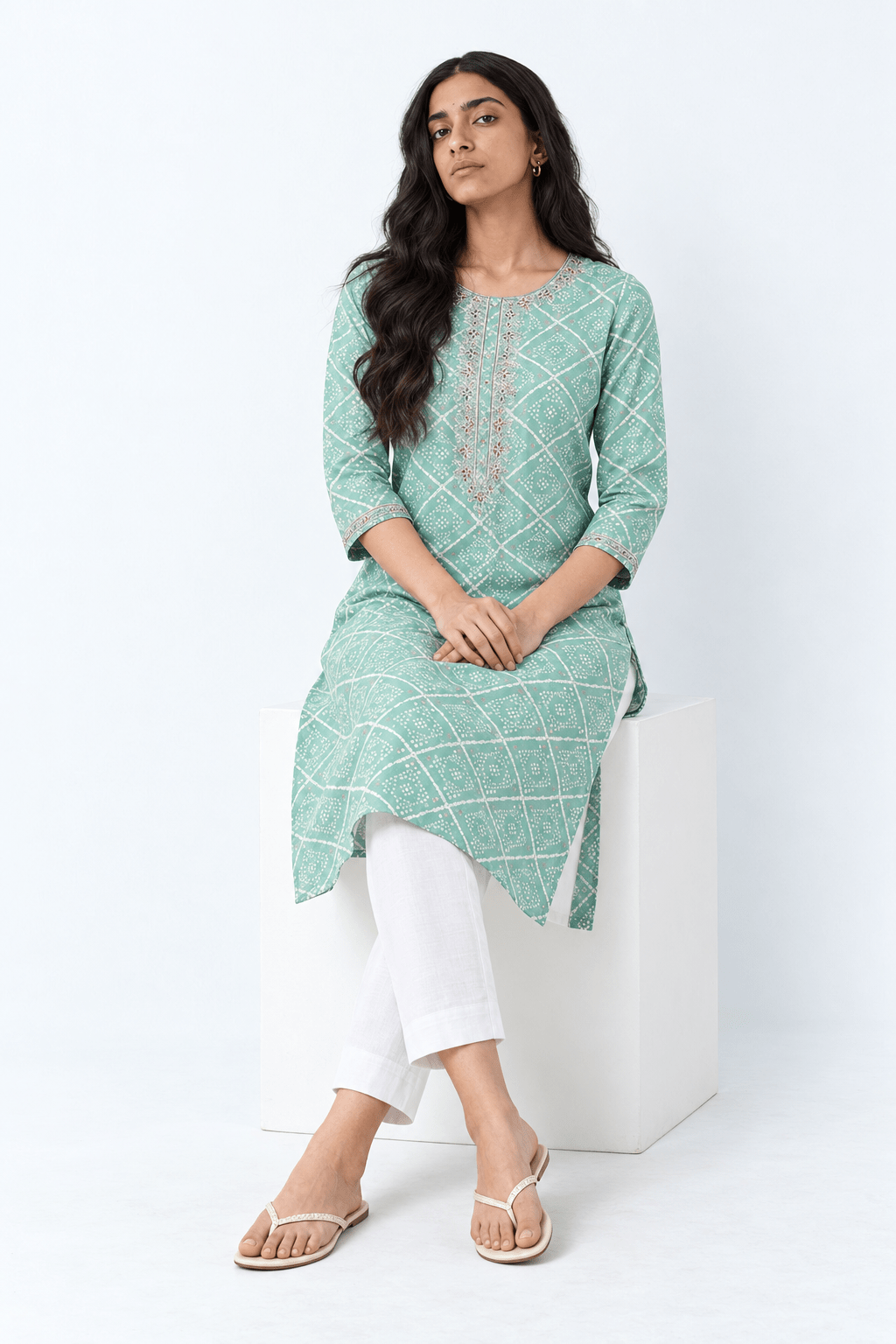 Sea Green Cotton Blend Bandhani Printed Straight Kurta - DWEEP SARA