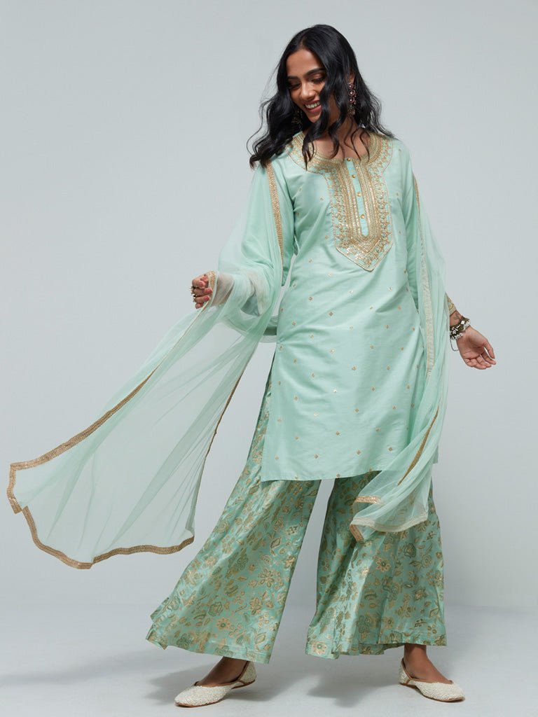 Sea Green Embroidered Suit Set - DWEEP SARA