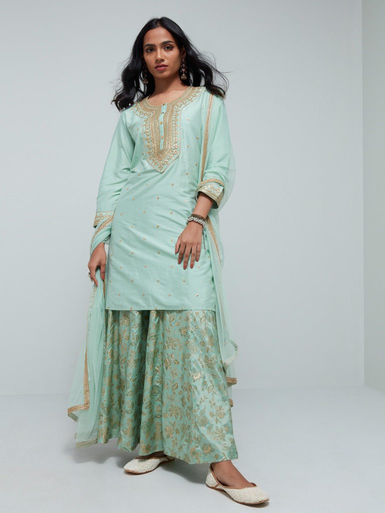 Sea Green Embroidered Suit Set - DWEEP SARA