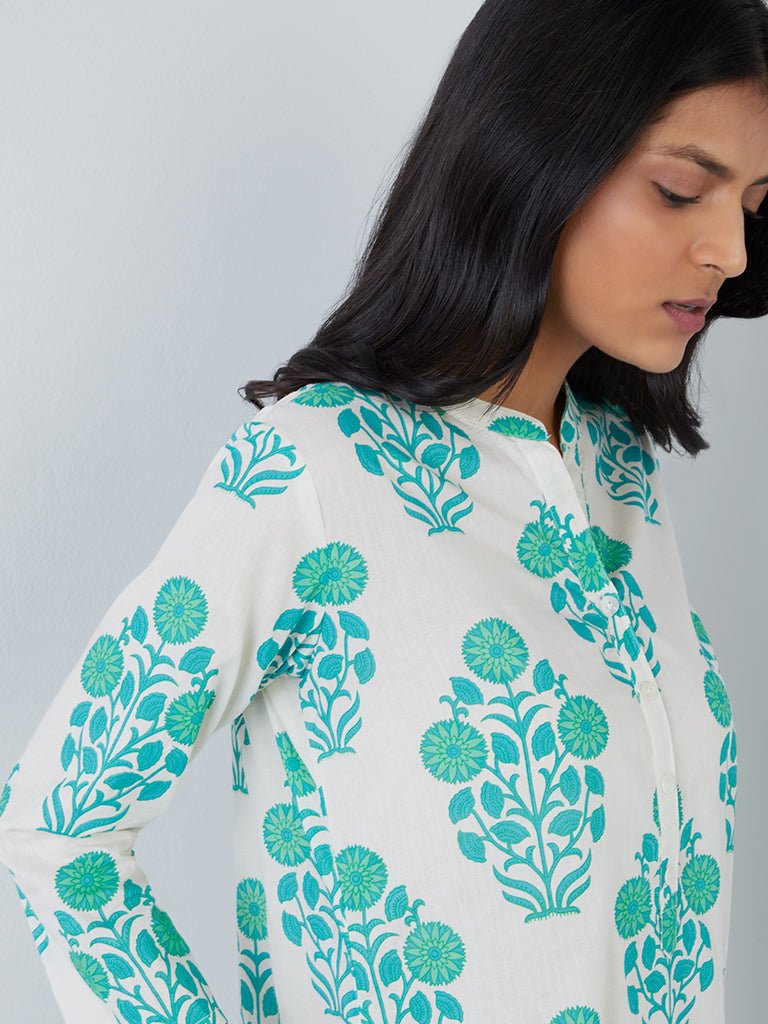 Sea Green Floral Cotton Kurta - DWEEP SARA