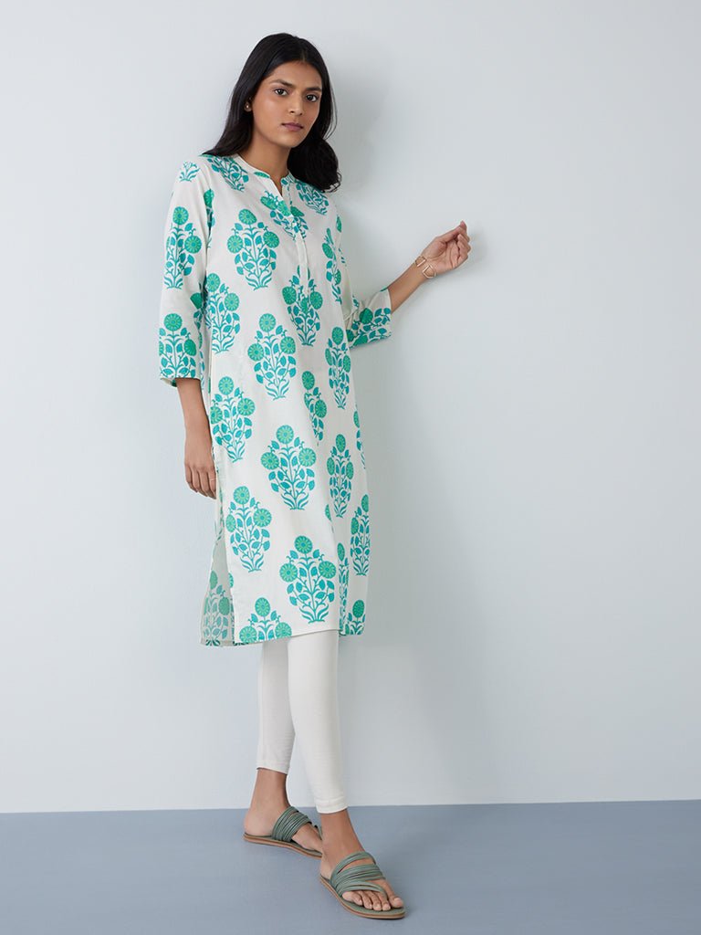 Sea Green Floral Cotton Kurta - DWEEP SARA