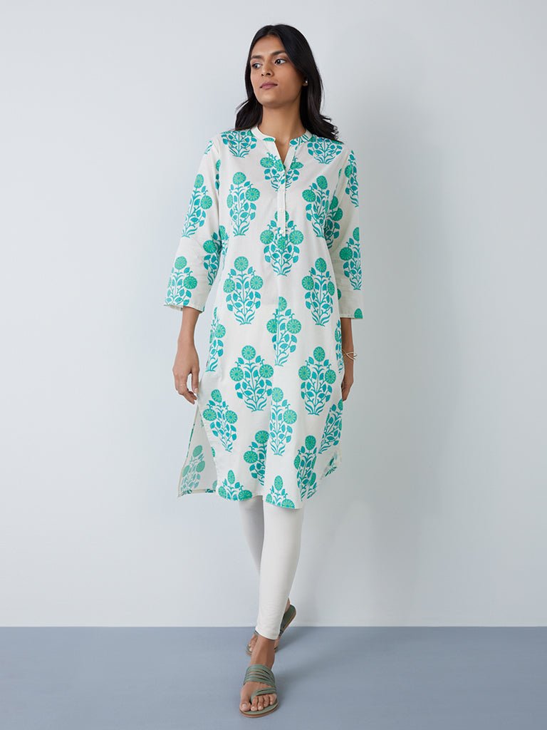 Sea Green Floral Cotton Kurta - DWEEP SARA