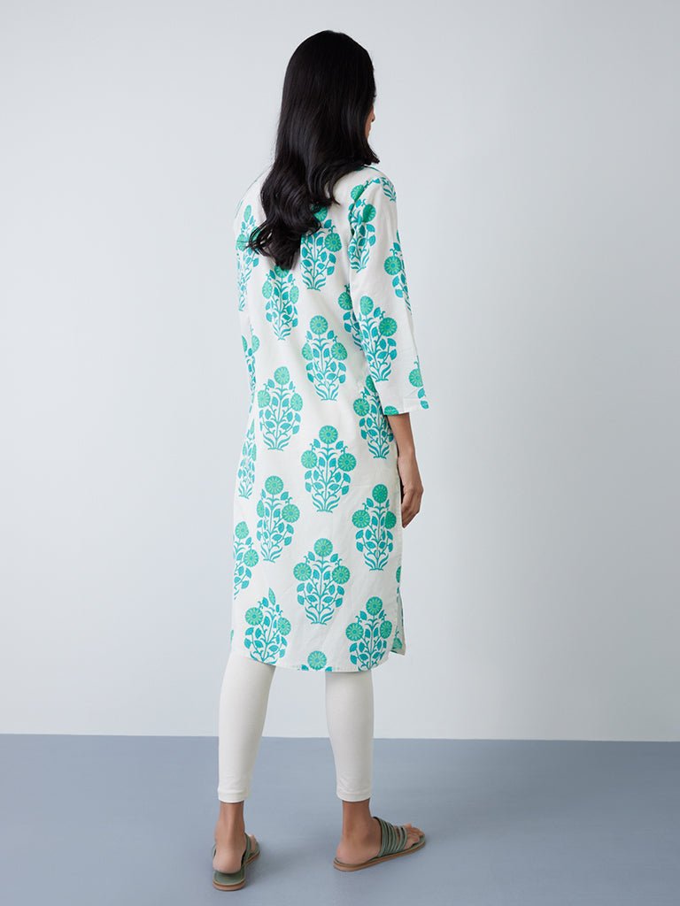 Sea Green Floral Cotton Kurta - DWEEP SARA