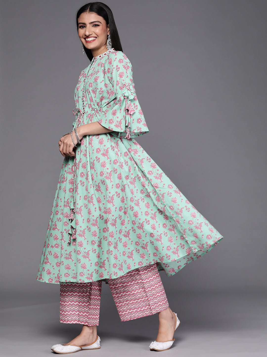 Sea Green Printed Anarkali Suit Set - DWEEP SARA