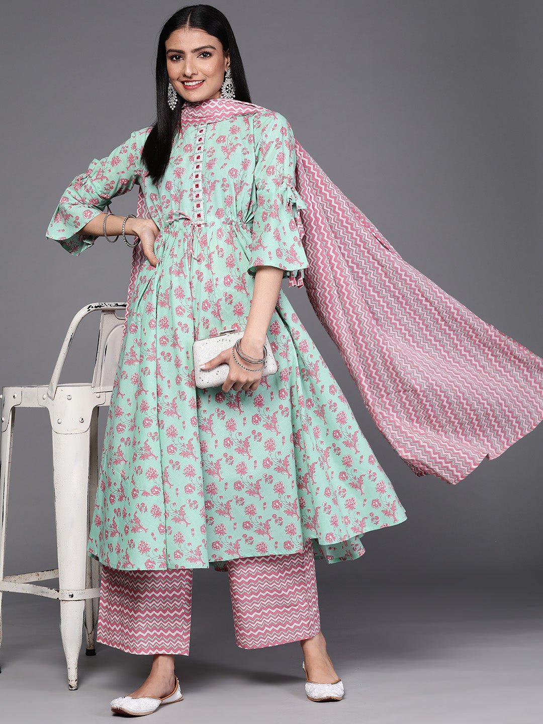 Sea Green Printed Anarkali Suit Set - DWEEP SARA