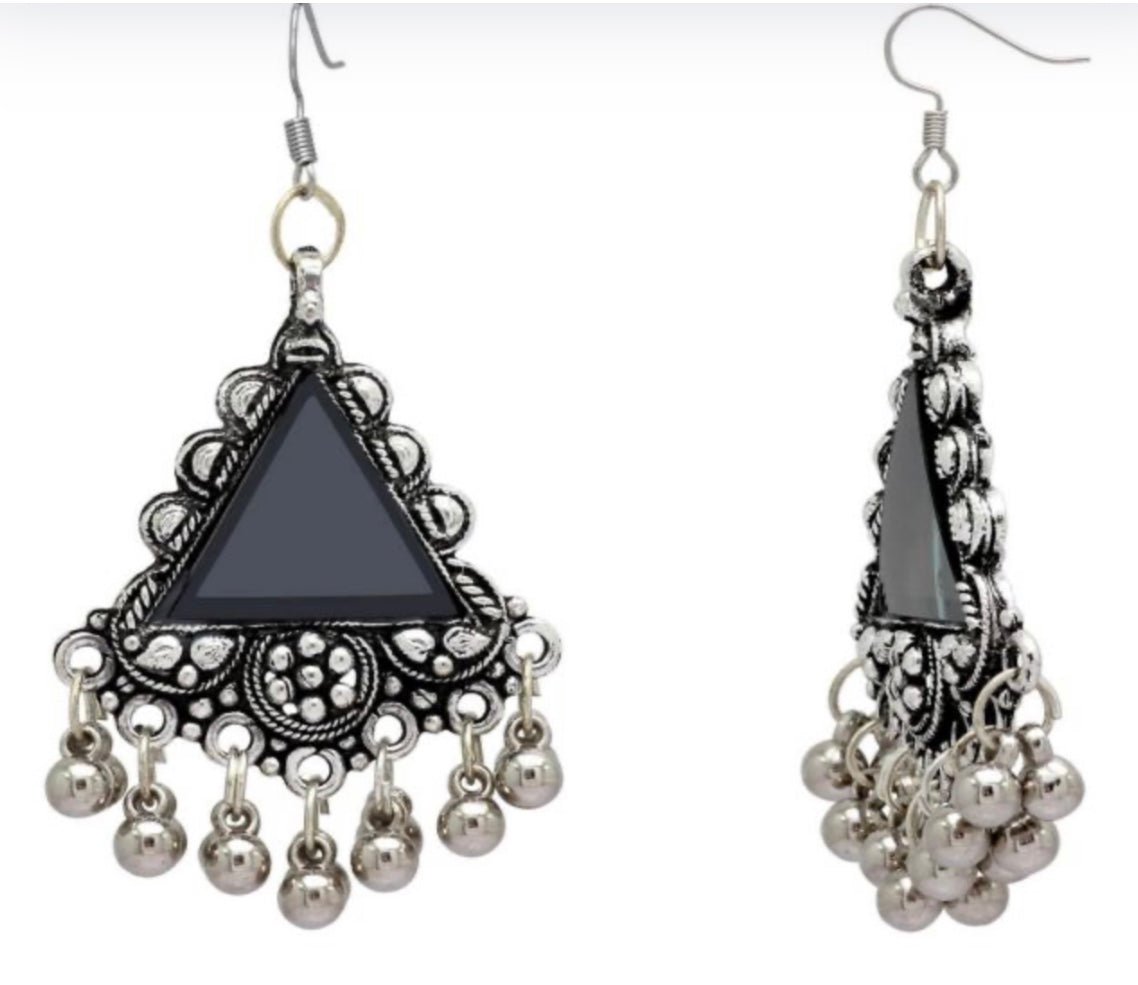 Silver Mirror Work Oxidized Earrings - DWEEP SARA