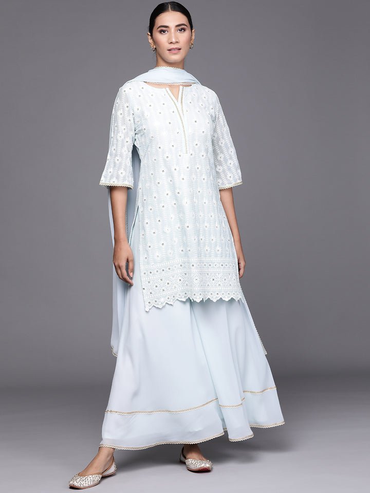 Sky Blue Chikankari Embroidered Georgette Suit Set - DWEEP SARA