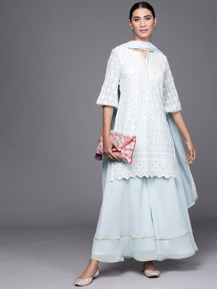 Sky Blue Chikankari Embroidered Georgette Suit Set - DWEEP SARA