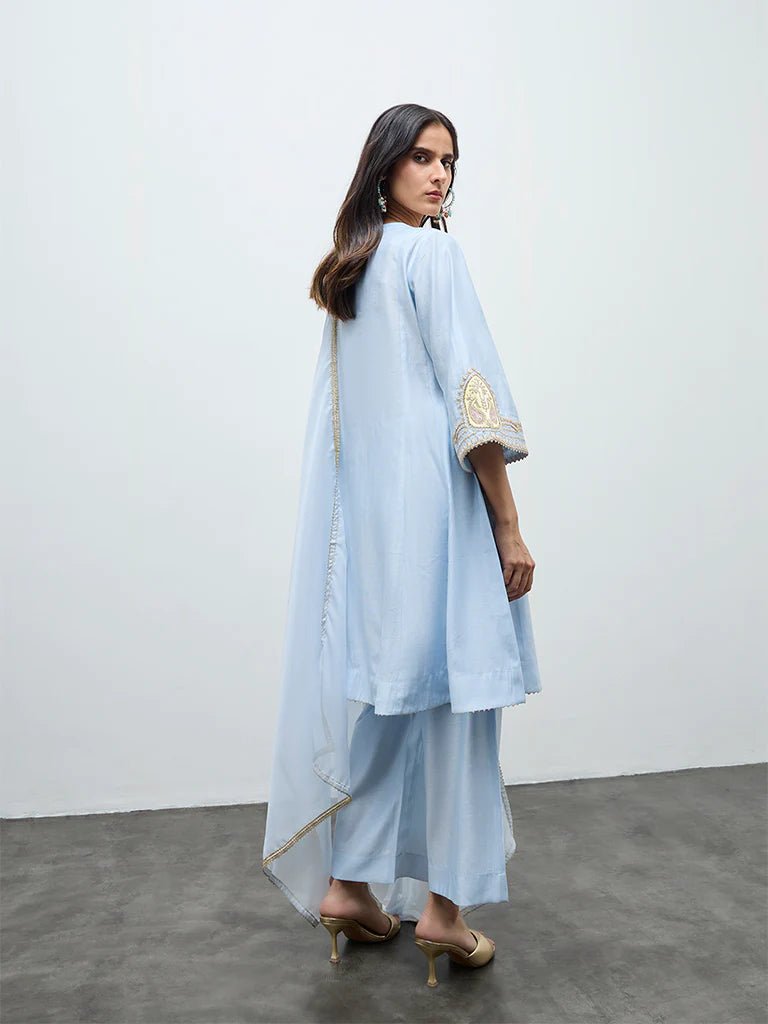 Sky Blue Embroidered Viscose Silk Kurta Set with Dupatta - DWEEP SARA