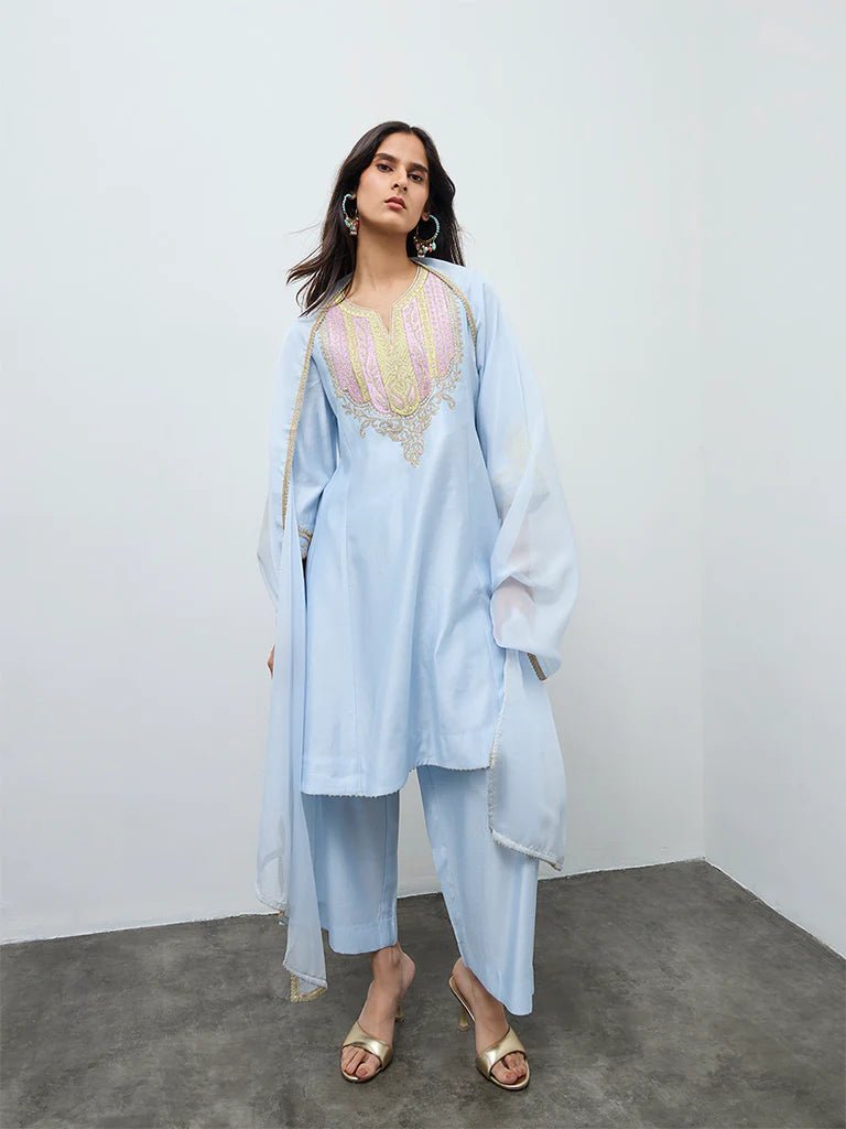 Sky Blue Embroidered Viscose Silk Kurta Set with Dupatta - DWEEP SARA