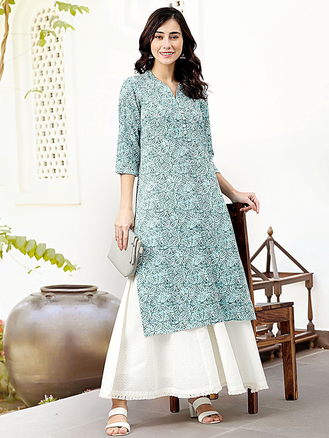 Sky Blue Floral Straight Kurta - DWEEP SARA