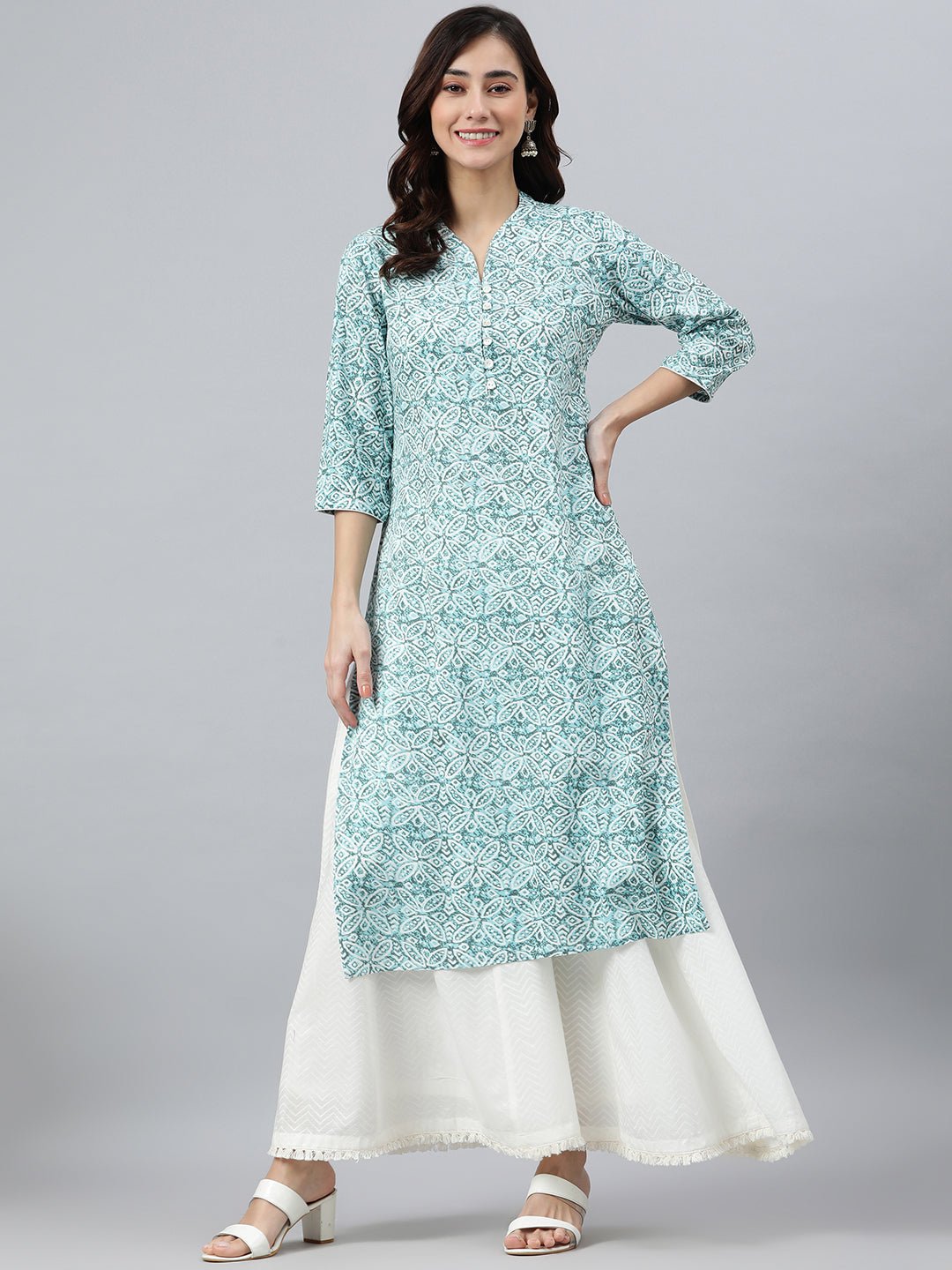 Sky Blue Floral Straight Kurta - DWEEP SARA