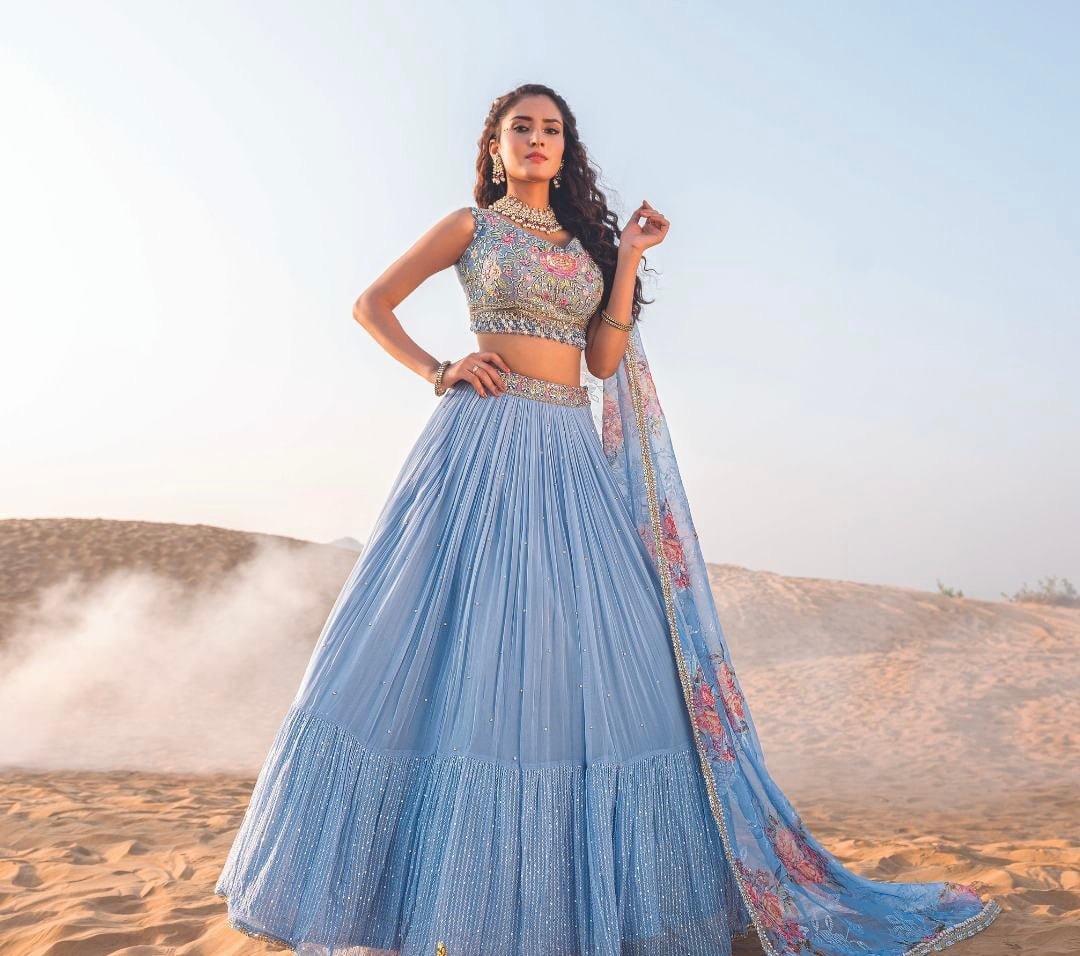 Sky Blue Hancrafted Lehenga With Printed Dupatta - DWEEP SARA