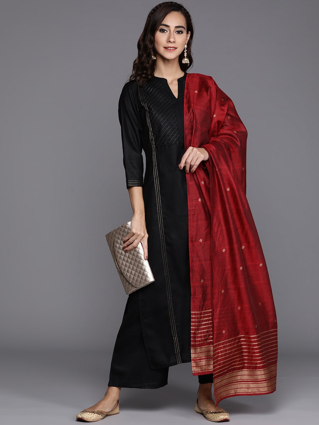 Solid Black Cotton Suit Chanderi Silk Duppatta Set - DWEEP SARA