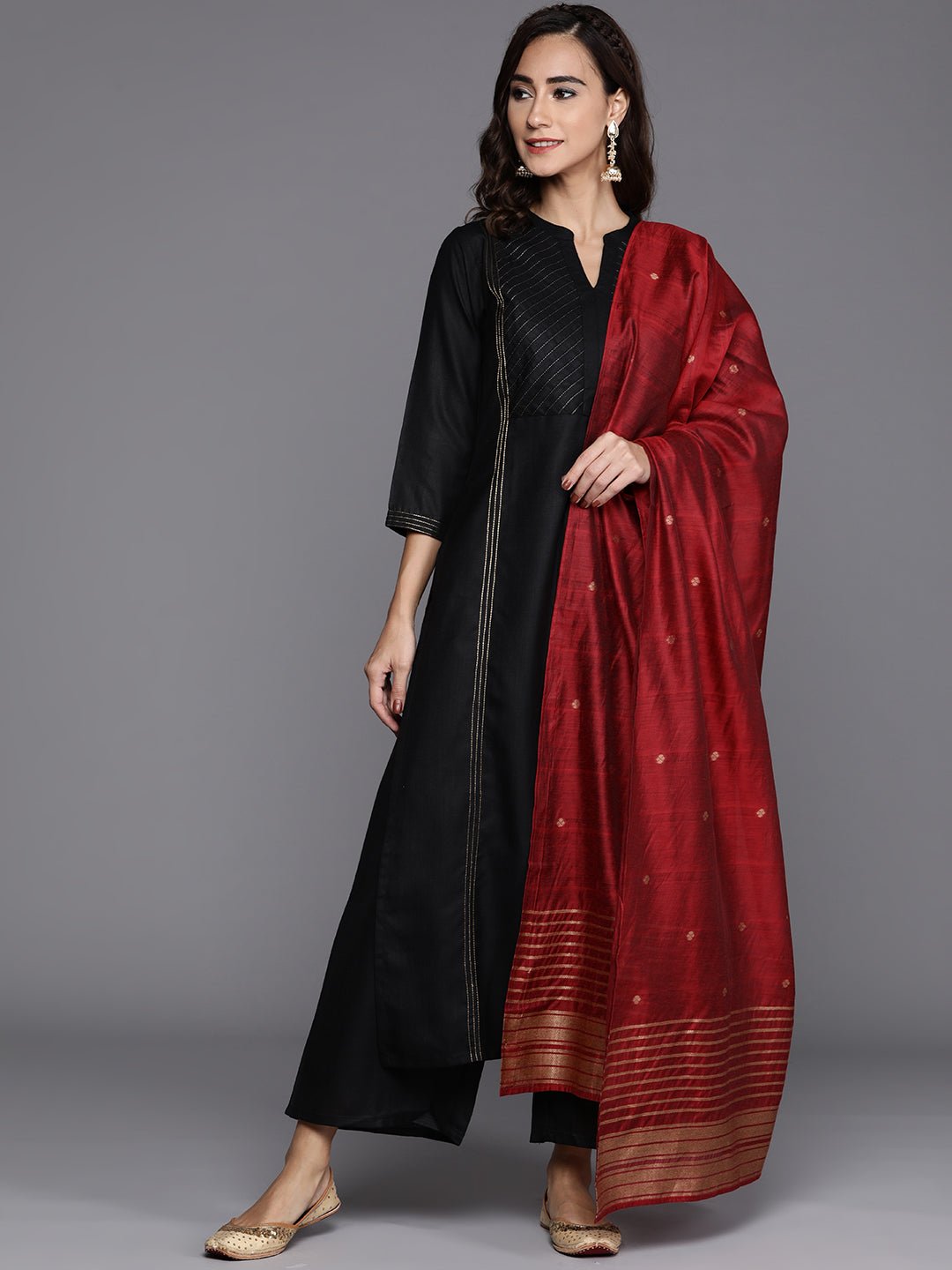 Solid Black Cotton Suit Chanderi Silk Duppatta Set - DWEEP SARA