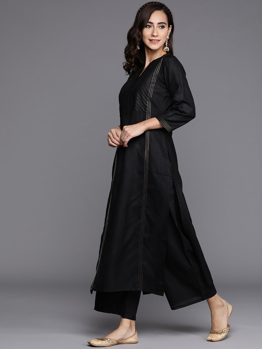 Solid Black Cotton Suit Chanderi Silk Duppatta Set - DWEEP SARA