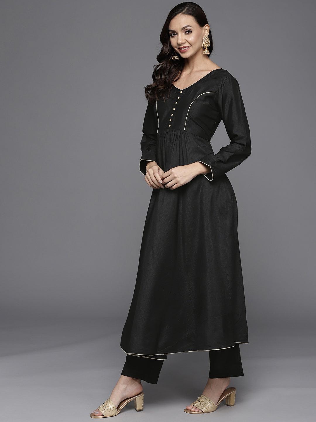 Solid Black Silk Blend Suit Set - DWEEP SARA