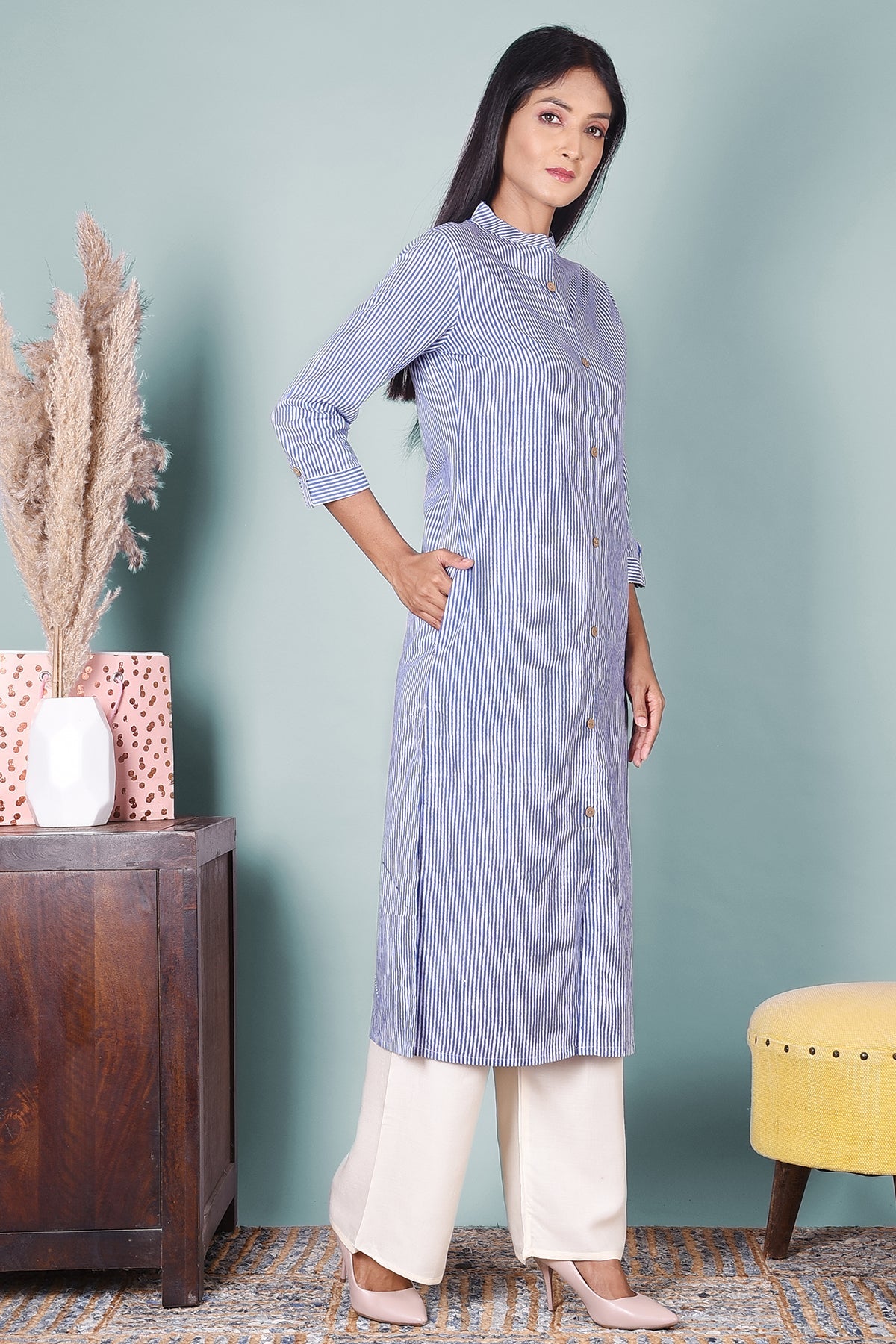 Striped A - Line Cotton Kurta With Pockets - DWEEP SARA