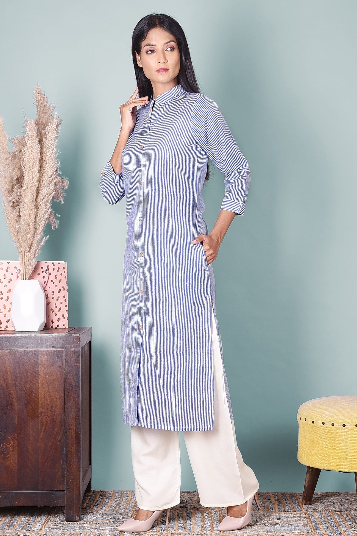 Striped A - Line Cotton Kurta With Pockets - DWEEP SARA