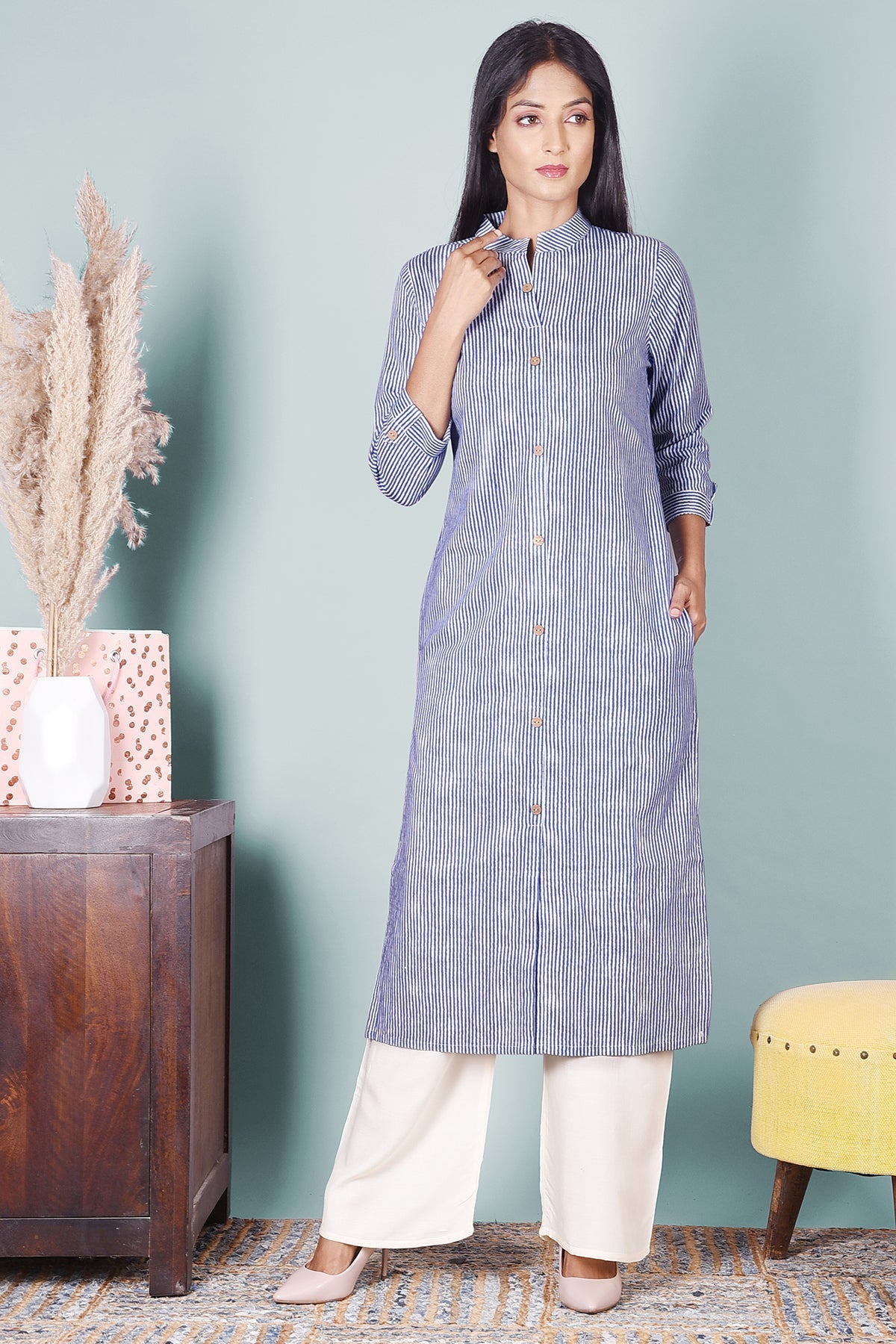 Striped A - Line Cotton Kurta With Pockets - DWEEP SARA