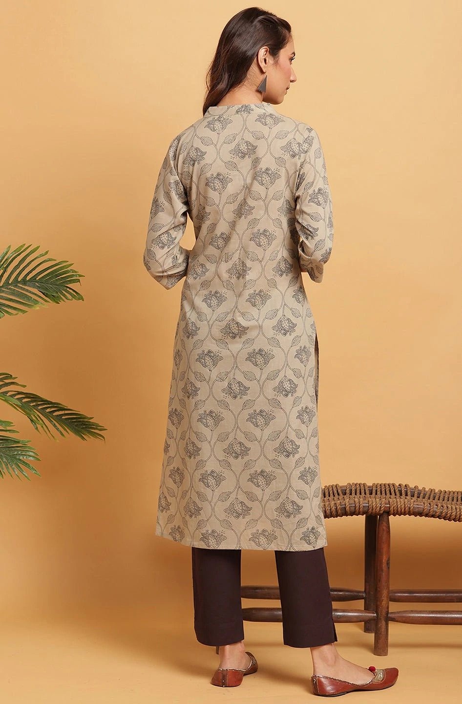 Taupe Printed Cotton Kurta - DWEEP SARA