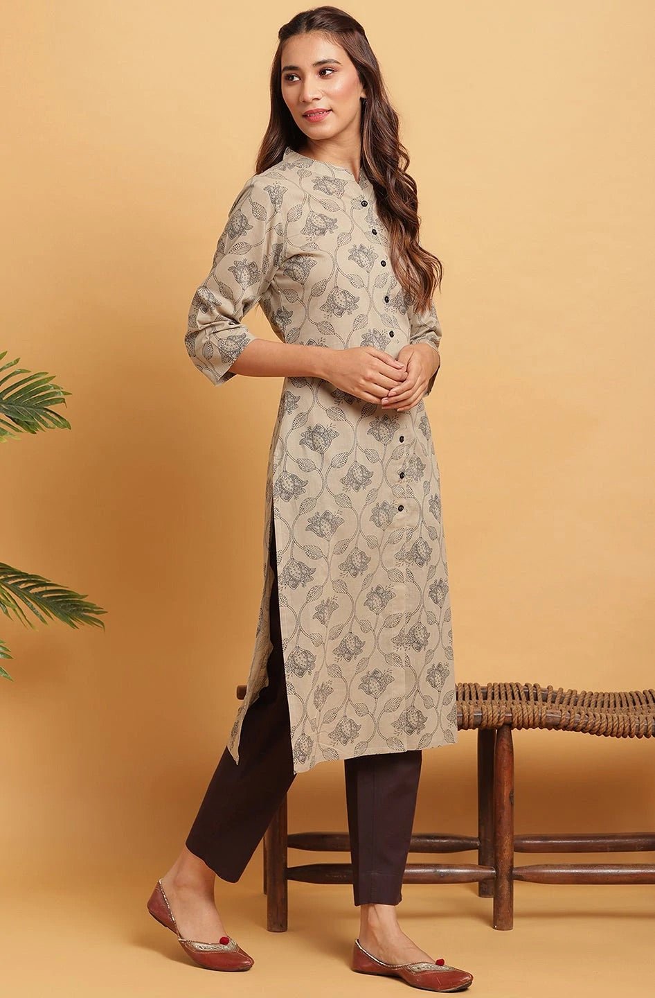 Taupe Printed Cotton Kurta - DWEEP SARA