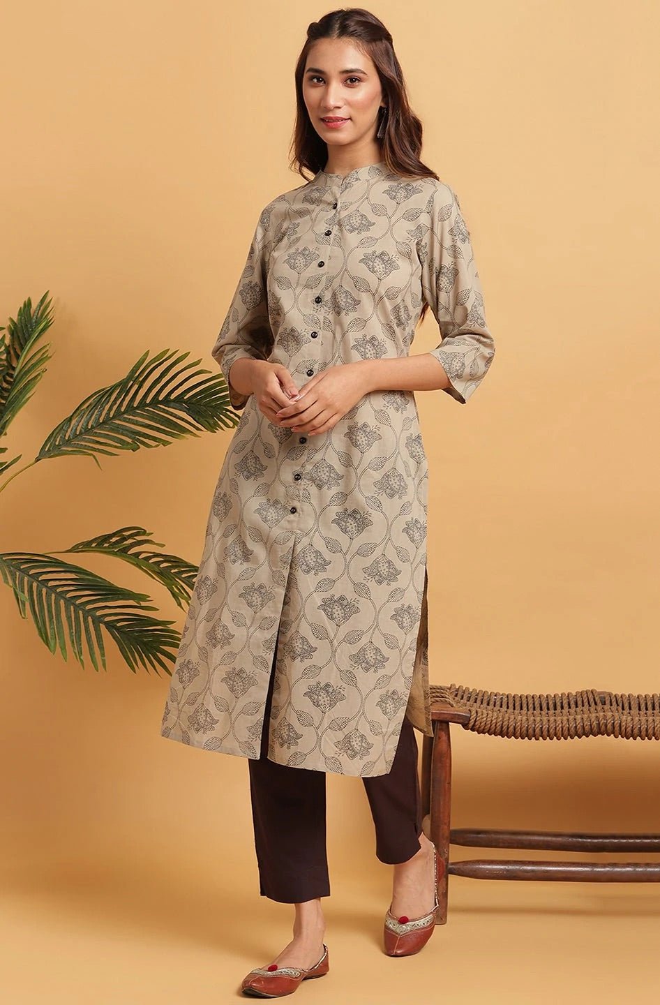 Taupe Printed Cotton Kurta - DWEEP SARA