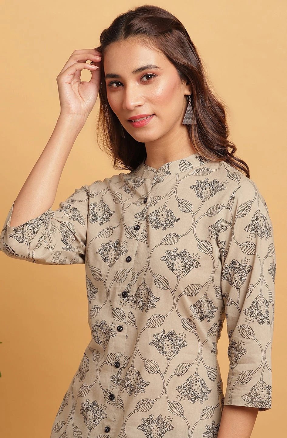 Taupe Printed Cotton Kurta - DWEEP SARA