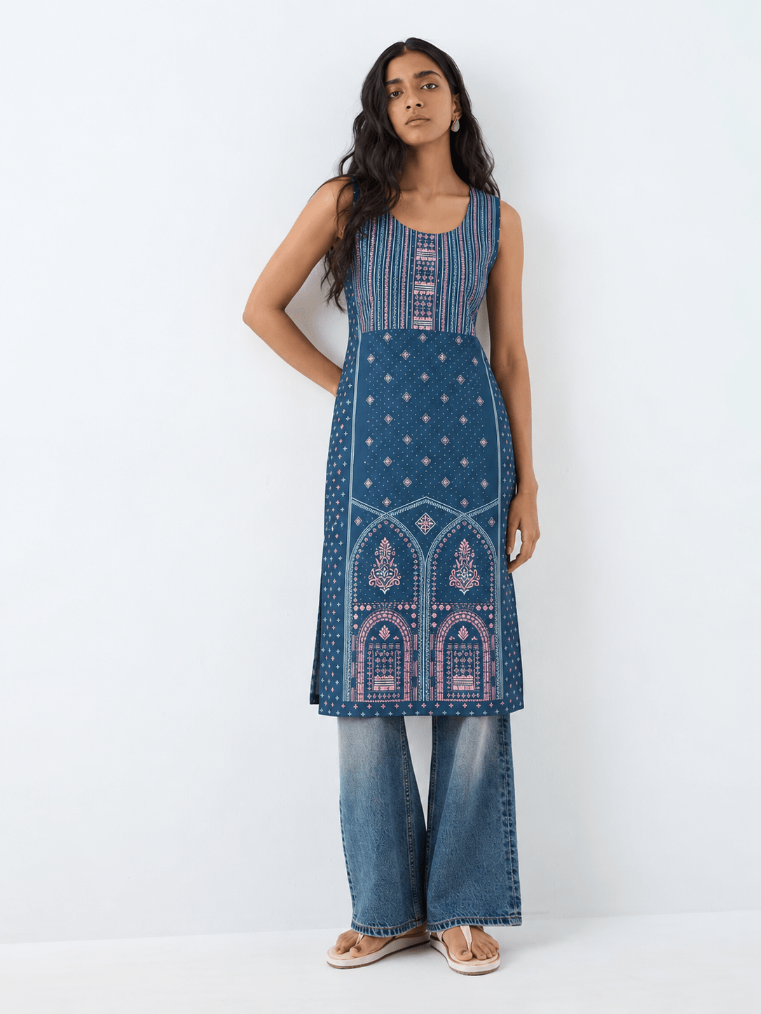 Teal Blue Printed Rayon Straight Kurta with Stone Detailing - DWEEP SARA