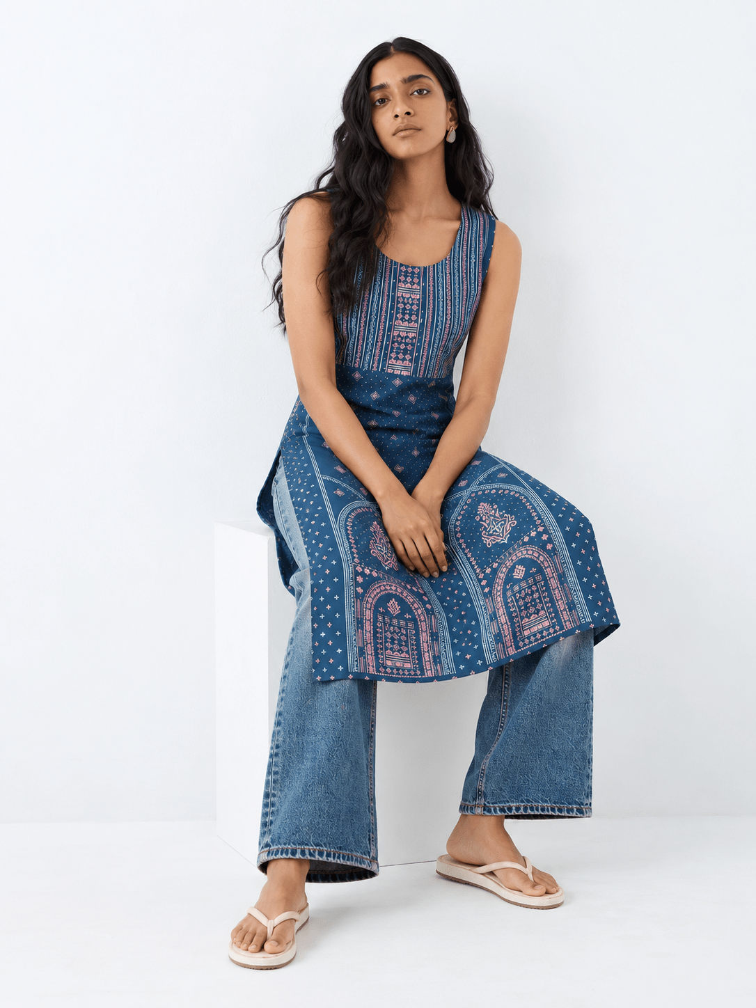 Teal Blue Printed Rayon Straight Kurta with Stone Detailing - DWEEP SARA