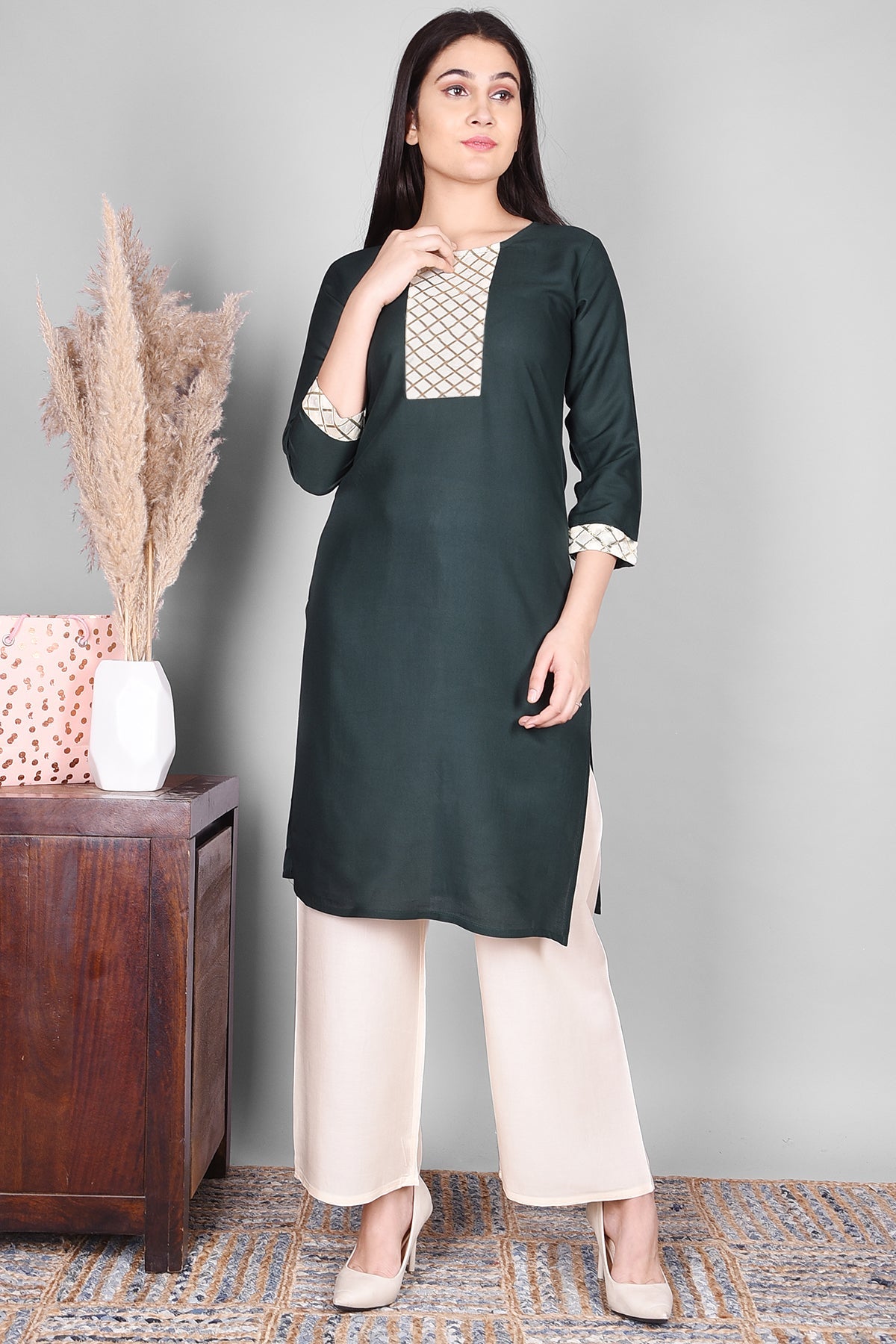 Teal Green Solid Rayon Straight - Fit Kurta - DWEEP SARA