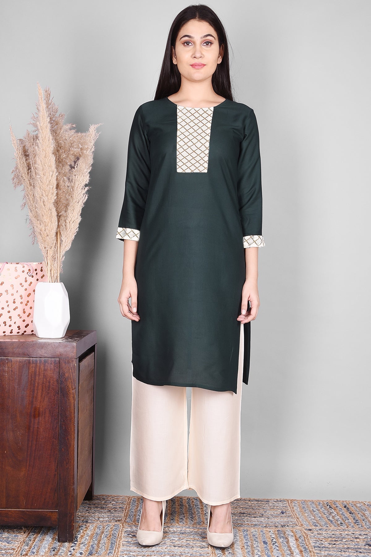 Teal Green Solid Rayon Straight - Fit Kurta - DWEEP SARA