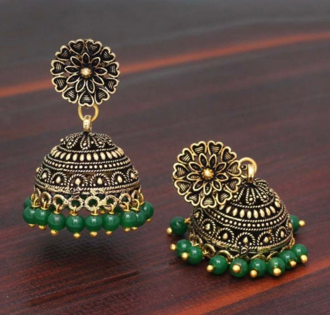 Traditional Floral Design Gold Oxidized Green Color Jhumki Earrings - DWEEP SARA