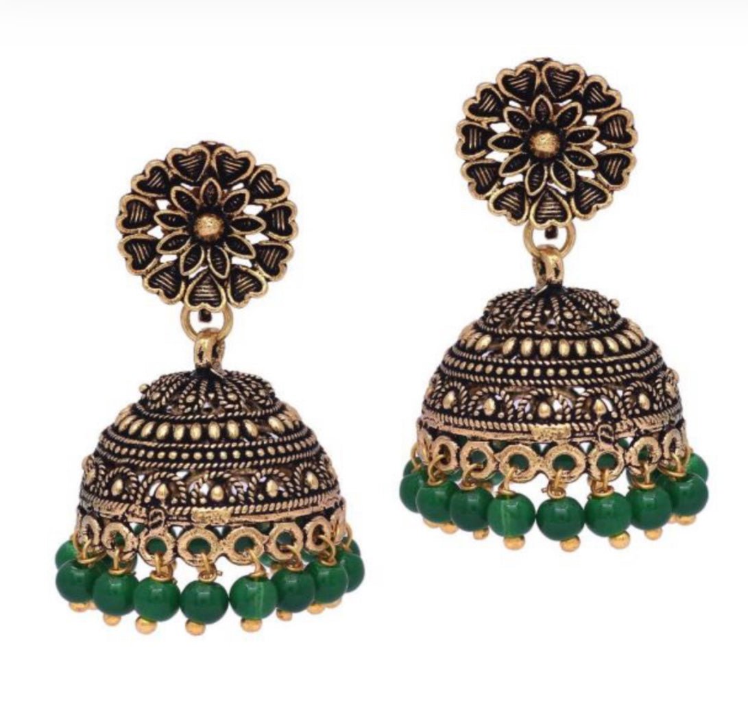 Traditional Floral Design Gold Oxidized Green Color Jhumki Earrings - DWEEP SARA