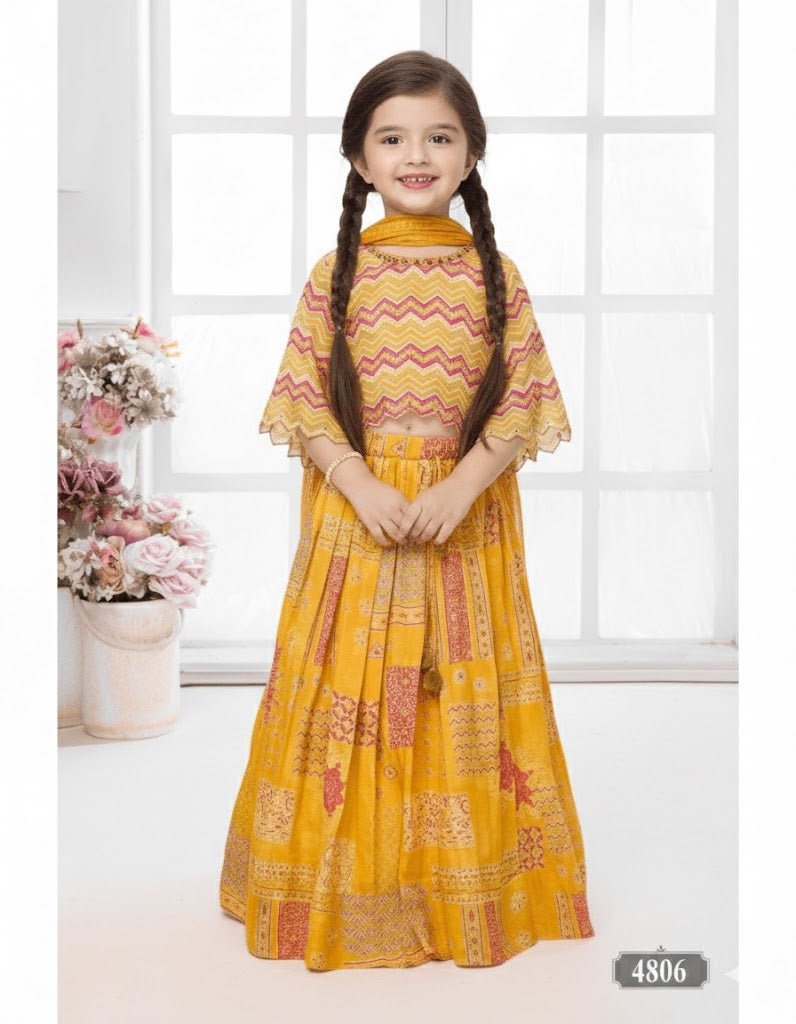 Traditional Yellow Printed Embroidered Lehenga Set for Girls - DWEEP SARA