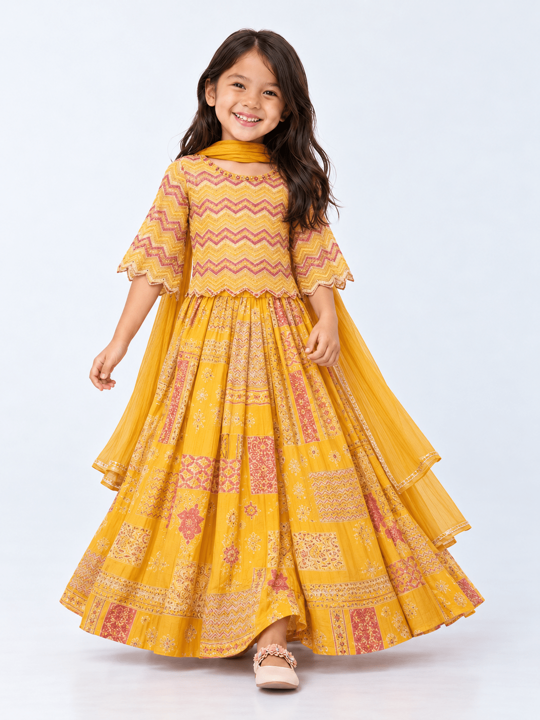 Traditional Yellow Printed Embroidered Lehenga Set for Girls - DWEEP SARA