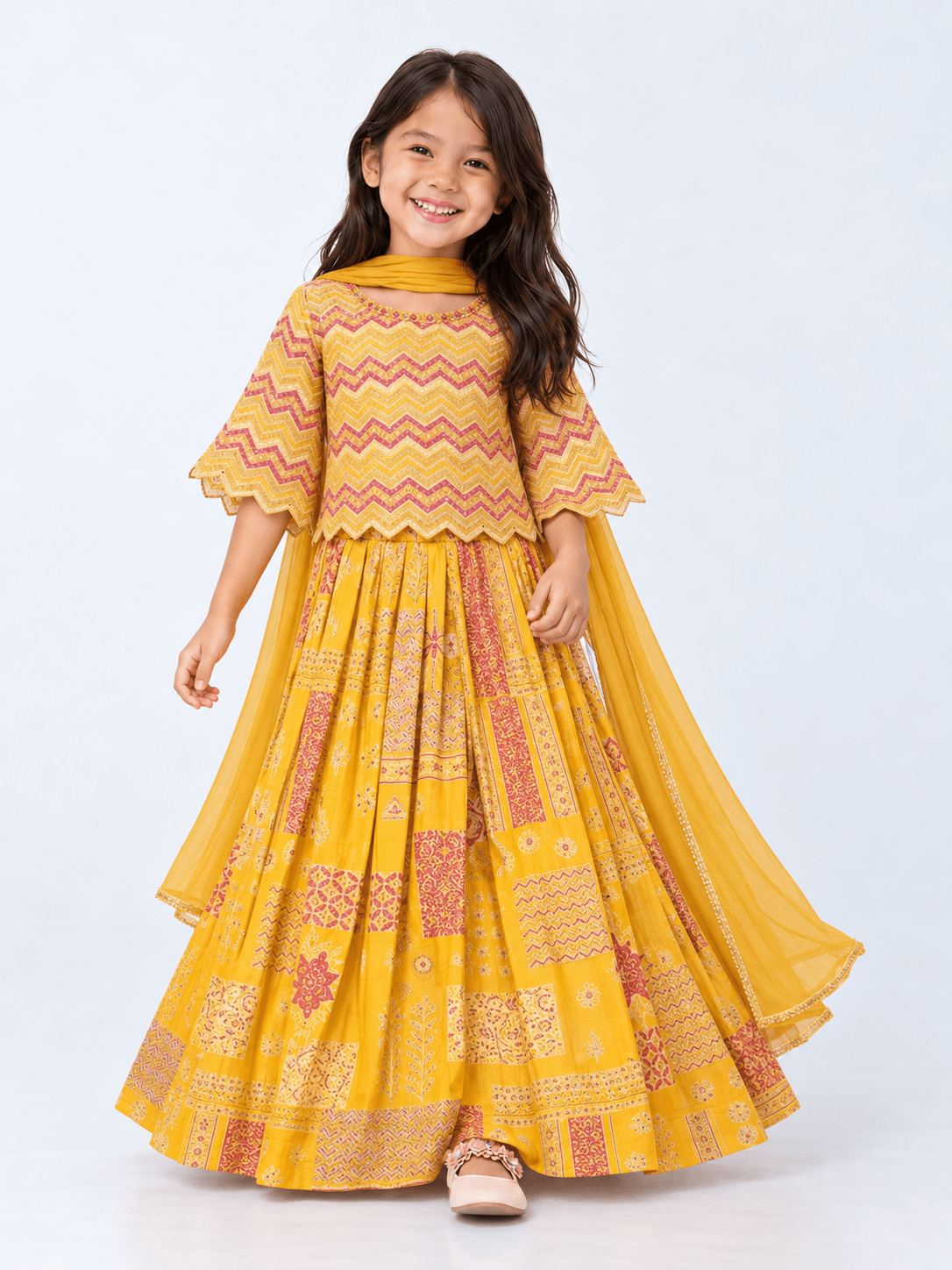 Traditional Yellow Printed Embroidered Lehenga Set for Girls - DWEEP SARA