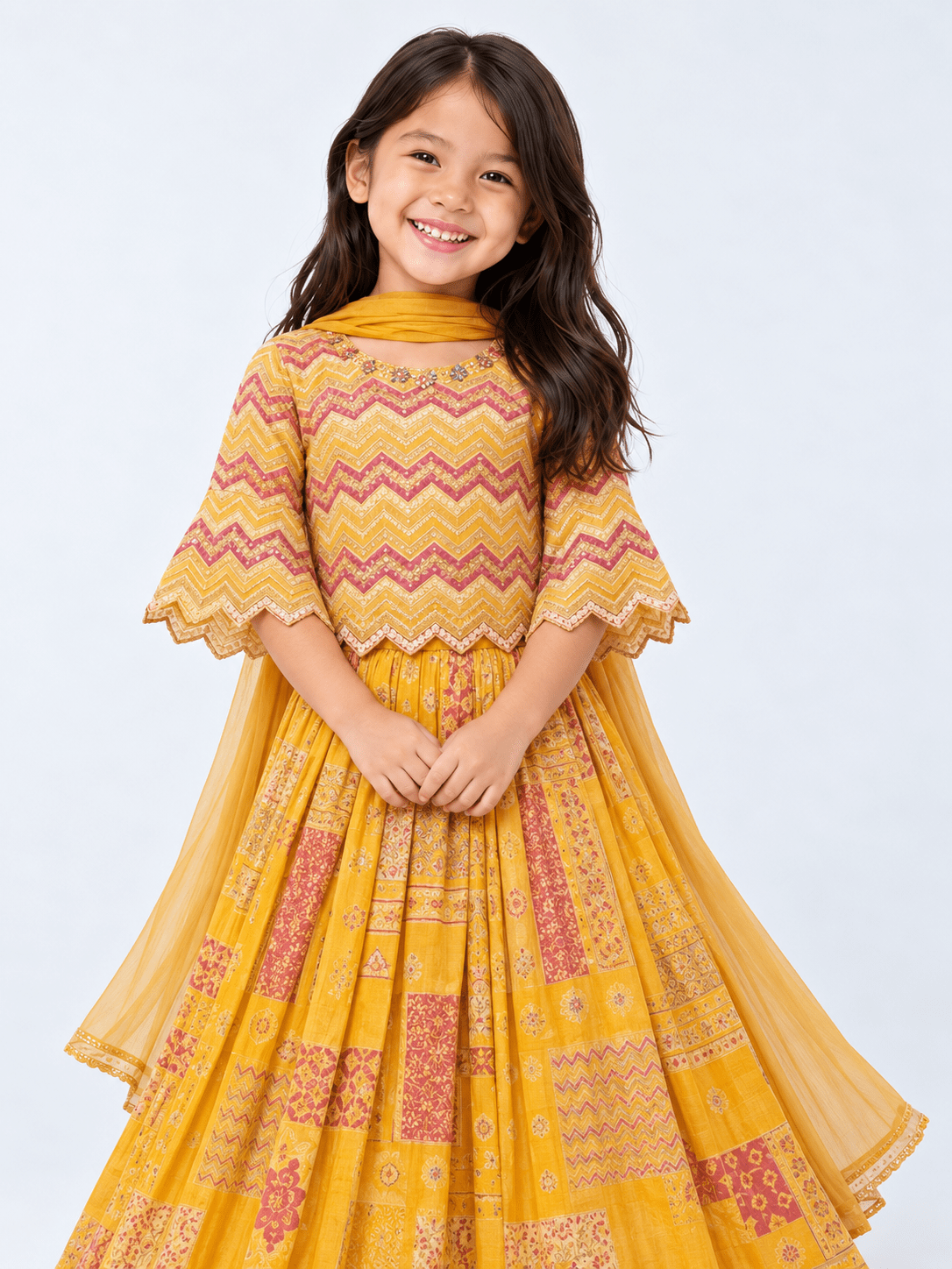 Traditional Yellow Printed Embroidered Lehenga Set for Girls - DWEEP SARA