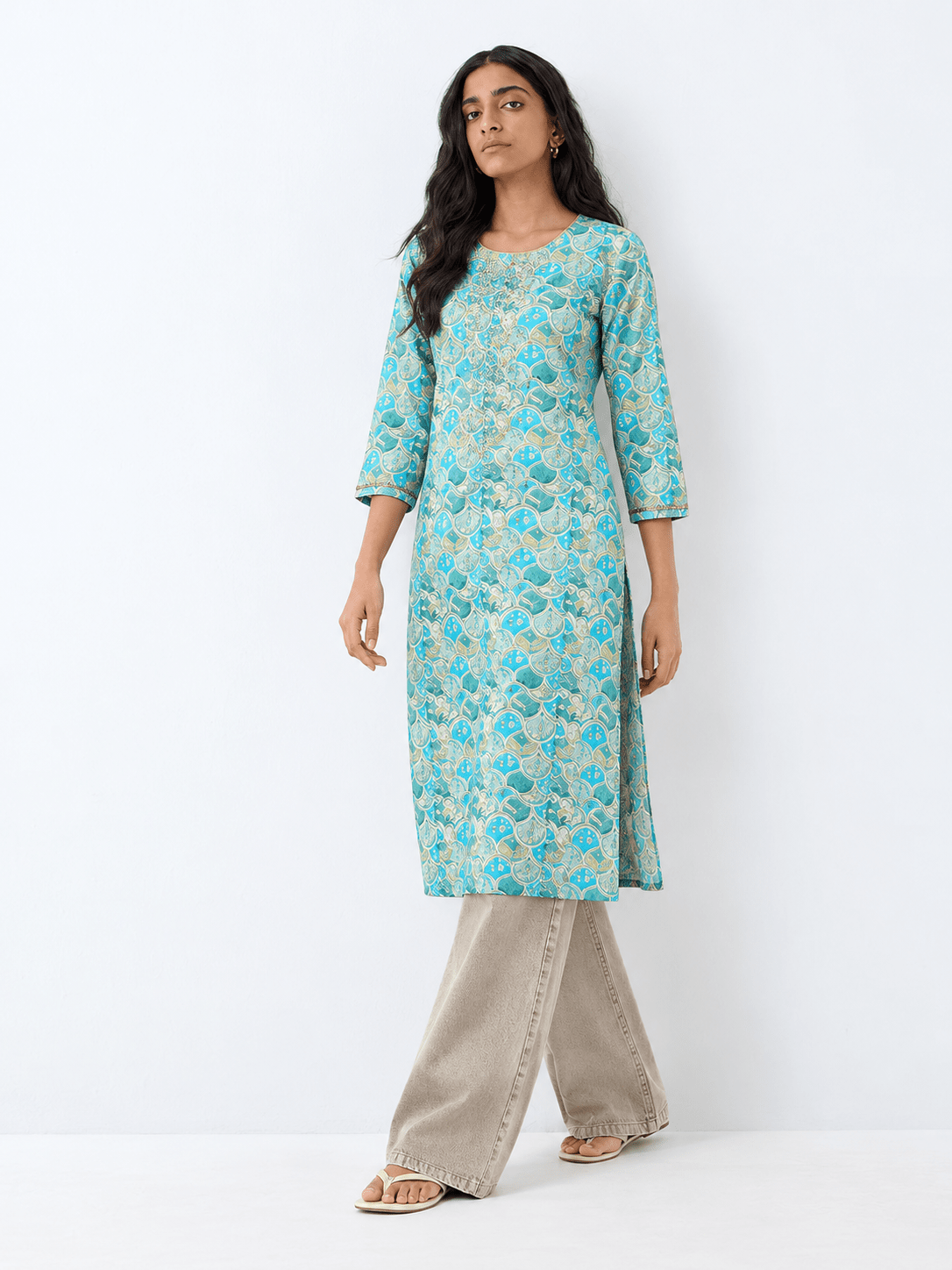 Turquoise Blue Viscose Rayon Ethnic Motifs Straight Kurta - DWEEP SARA