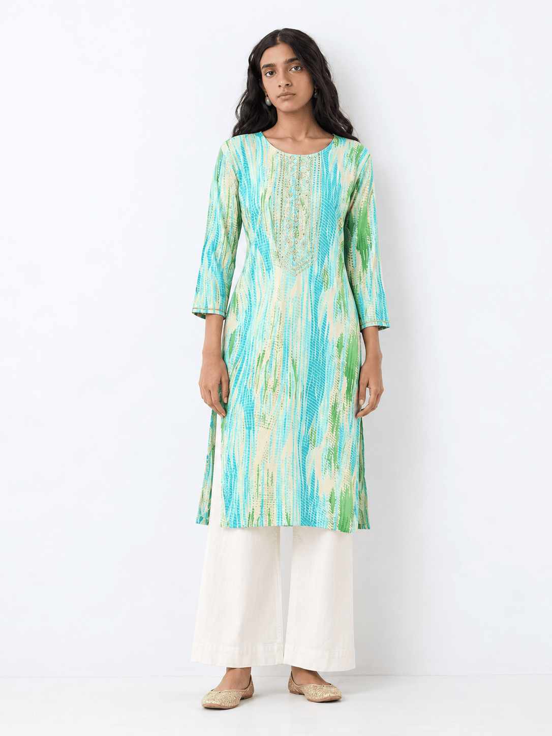 Turquoise Blue Viscose Rayon Straight Kurta - DWEEP SARA